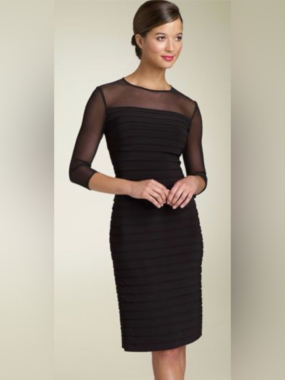 Adrianna Papell Black Sheer-Sleeve Midi Sheath Dress